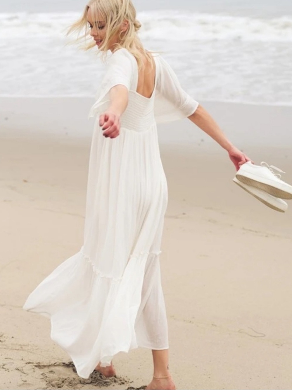 Listicle NWOT White Smocked Square Neck Tiered Maxi Dress Boho Bridal - Medium - Picture 3 of 8